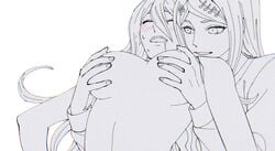 2girls akamatsu_kaede blush breast_grab breasts clothed_female_nude_female danganronpa danganronpa_v3 drooling female female/female female_only from_behind hair_ornament holding_breast iruma_miu monochrome nude nude_female smile straight_hair touching_nipples white_background yumemi9603 yuri