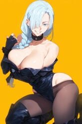 ai_generated bare_thighs blue_eyes braided_ponytail gigantic_breasts hair_over_one_eye huge_breasts huge_thighs jujutsu_kaisen light-skinned_female light_skin looking_at_viewer massive_breasts mature_female mei_mei_(jujutsu_kaisen) shounen_jump smiling solo_female squatting sweat sweatdrop terta_(artist) thick_body thick_female thick_thighs thighs voluptuous voluptuous_female white_hair