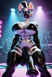 abs ai_generated anthro balls black_penis bra elbow_gloves futanari horsecock latex mohawk muscular nightclub penis stripes zebra