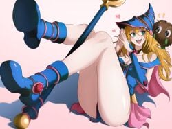 1girls big_breasts blonde_hair blush boots brown_hair choker dark_magician_girl female green_eyes heart_symbol kuriboh long_hair long_legs opalisart skirt smiling thick_thighs witch witch_costume witch_hat yu-gi-oh!