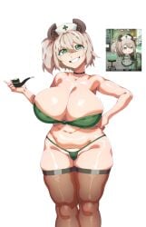 green_bra green_eyes green_panties huge_ass huge_breasts huge_thighs makinakid nimi_nightmare nurse nurse_cap smoking_pipe tapir thighhighs virtual_youtuber