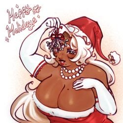 big_breasts christmas christmas_outfit cleavage cleavage_overflow cookie_run cookie_run_kingdom fully_clothed gloved happy_holidays latte_cookie_(cookie_run) lattel0ver_(artist) looking_at_viewer mistletoe santa_hat smiling_at_viewer