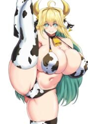 1girls 2020 alternate_version_available armwear ass_visible_through_thighs bare_shoulders bell bell_collar belly big_breasts blonde_hair blush breasts cleavage closed_mouth collar covered_nipples cow_ears cow_girl cow_print cow_print_armwear cow_print_bikini cow_print_legwear cowbell elven_forest_maker elven_forest_maker_(cowgirl_bikini) female female_focus female_only horns huge_breasts last_origin leg_lift leg_up legwear long_hair looking_at_viewer mouth_closed murasaki_nami navel nipple_bulge smile smiling smiling_at_viewer solo solo_female solo_focus splits standing standing_on_one_leg thick_thighs thighs two_tone_hair unusual_pupils vertical_splits very_long_hair