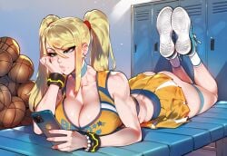 1girls ai_generated ass basketball bench big_breasts bimbo blonde_female blonde_hair bored bracelet breasts busty cheerleader cheerleader_uniform choker cleavage female female_focus female_only hair holding_phone indoors light-skinned_female locker locker_room looking_at_phone looking_down lying lying_on_stomach metroid novelai phone pose samus_aran skirt sneakers socks solo solo_female solo_focus twintails twitwit waiting wrist_cuffs wristband