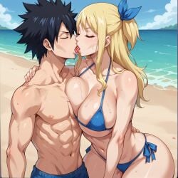 ai_generated beach black_hair blonde_hair blue_ribbon breasts breasts_bigger_than_head curvy curvy_body curvy_female curvy_figure erect_penis erection fairy_tail female gray_fullbuster huge_breasts large_penis light-skinned_female light-skinned_male light_skin long_hair lucy_heartfilia male male/female muscular_male penis ps-ai ribbon spiked_hair straight straight veiny_penis voluptuous voluptuous_female