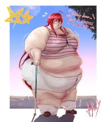 1girls bandage beach cane dialogue fefero_kun looking_at_viewer morbidly_obese morbidly_obese_female overweight ssbbw sunset sweat sweating tagme