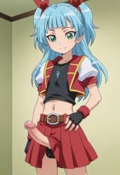 1boy ai_generated aqua_hair crossdressing erect erection femboy feminine_body feminine_male green_eyes penis shiun'in_sora smile sora_perse trap yu-gi-oh! yu-gi-oh!_arc-v