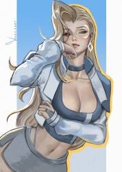 big_breasts blonde_hair blue_eyes breasts caucasian_female cleavage cloak_and_dagger crop_top dagger_(marvel) dagger_(marvel_rivals) female female_only marvel marvel_rivals midriff navel one_eye_closed solo tandy_bowen thick_thighs whailsart white_woman wink winking_at_viewer