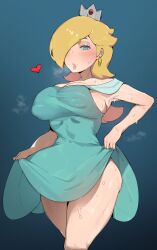 bare_legs big_breasts blonde_female blonde_hair blue_eyes bobtheneet curvaceous curvy curvy_female curvy_figure dress dress_lift elijahzx half-closed_eyes hourglass_figure huge_breasts lifting_shirt massive_breasts massive_thighs nintendo nipple_bulge nipples no_panties no_pants no_underwear pleasure_face plump plump_labia princess princess_rosalina squint super_mario_bros. super_mario_galaxy super_smash_bros. sweat sweating thick_ass thick_lips thick_thighs voluptuous wet wet_body