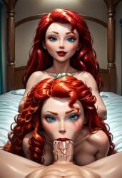 2girls1boy ai_generated aqua_nail_polish areolae ariel_(the_little_mermaid) bedroom big_balls big_breasts big_butt big_penis blowjob blowjob_face blowjob_pov blue_eyes blush brave cum_dripping_from_mouth cum_dripping_from_penis cum_in_mouth cum_inside cum_on_penis curly_hair curvy disney disney_princess enjoying_giving_oral erect_nipples freckles_on_face grabbing_head holding_head long_hair looking_at_viewer male_pov merida naughty_face nipples on_bed open_legs pixar pov_crotch red_hair_ red_lipstick smiling_at_viewer teeth_visible the_little_mermaid the_little_mermaid_(1989_film) thick_thighs veiny_penis white_blanket white_fur wide_hips zoolt