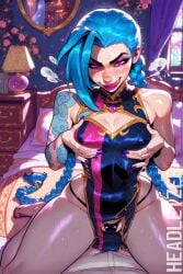 ai_generated bedroom chinese_dress cleavage_cutout grabbing_own_breast headletzer hip_vent indoors jinx_(league_of_legends) league_of_legends licking_own_lips looking_at_viewer tagme thong