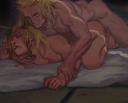 2boys anal blonde_hair blood completely_nude demon_slayer dilf duo father_and_child father_and_son forced_yaoi from_behind futon gay incest kimetsu_no_yaiba male male/male male_only muscular_male nosebleed nude painting_(artwork) parent_and_child pinned pinned_down rape rengoku_kyoujurou rengoku_senjurou rengoku_shinjurou speed_bump_position tatami wrist_grab yaoi