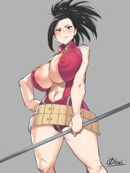 1girls areolae big_breasts black_hair breasts female female_focus female_only hero_outfit_(mha) heroine large_areolae large_breasts leotard looking_at_viewer momo_yaoyorozu my_hero_academia nipples_visible_through_clothing obui ponytail solo solo_female solo_focus thick_thighs