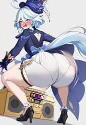 1girls ai_generated ass ass_focus ass_shake blue_eyes blue_hair blue_hat blush body_control boombox bouncing_ass dekutree10 furina_(genshin_impact) genshin_impact gold_boombox_(prevence) hair_between_eyes hat hypnosis hypnotized jacket light_blue_hair long_sleeves looking_back shorts solo thigh_strap top_hat twerk twerk_hypnosis twerking white_gloves white_shorts