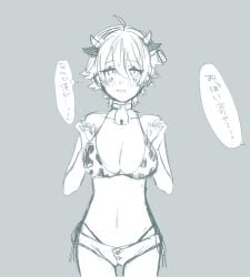 bell_collar big_breasts blush canon_genderswap cleavage collar cow_bikini cow_ears cow_girl cow_horns cow_print cow_print_bikini cowbell embarrassed female female_only genderswap_(mtf) ginko_sakata gintama gintoki_sakata japanese_text monochrome rule_63 shirotahoney short_hair shorts shy sketch solo tears very_short_hair