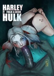 blowjob dc dc_comics green_skin harley_quinn harley_quinn_(arkham_knight) huge_cock hulk hulk_(series) marvel marvel_comics massive_butt massive_penis rajdraw white_hair white_skin