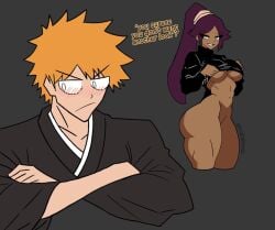 1boy 1girls ass ass_focus badjujuarts big_ass big_breasts bleach blush bottomless breasts clothed clothing dark-skinned_male dark_skin dialogue huge_ass ichigo_kurosaki long_hair looking_at_another orange_hair ponytail purple_hair shihouin_yoruichi short_hair teasing thick thick_ass thick_thighs turtleneck underboob undressing yellow_eyes