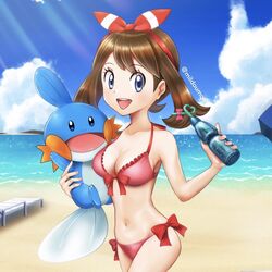 1boy 1girls beach big_breasts bikini blue_eyes bottle breasts brown_hair drinking_straw happy looking_at_viewer may_(pokemon) may_(pokemon_oras) milmil7 mudkip nintendo ocean pokemon pokemon_(species) pokemon_oras red_bikini sea sunshine