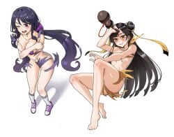 barefoot black_hair completely_naked completely_naked_female completely_nude completely_nude_female embarrassed embarrassed_nude_female enf eternal_return:_black_survival feet hyejin_(black_survival) li_dailin_(black_survival) purple_eyes purple_hair shoes socks torn_clothes yellow_eyes