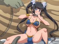 belly_dancer belly_dancer_outfit blue_eyes cleavage crossover crossover_cosplay dancer dancer_outfit dubious_consent dungeon_ni_deai_wo_motomeru_no_wa_machigatteiru_darou_ka grey_hair harem_girl harem_outfit hestia_(danmachi) jabba's_palace jabba_the_hutt lhofi lotharhutt_(requester?) no_panties pelvic_curtain revealing_clothes slave slave_leia_(cosplay) slavegirl star_wars