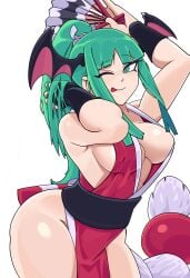 absurdres ass big_breasts breasts capcom cosplay costume_switch crossover darkstalkers fatal_fury female female female_focus female_only folding_fan green_eyes green_hair head_wings highres king_of_fighters large_breasts long_hair mai_shiranui_(cosplay) matching_hair/eyes morrigan_aensland no_bra no_panties no_underwear one_eye_closed outfit_swap pickle147 ponytail shiranui_mai shiranui_mai_(cosplay) snk solo wink