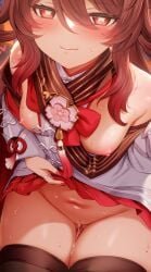 bad_link black_scarf black_thighhighs blush breasts brown_hair closed_mouth covered_nipples cropped dress female flower-shaped_pupils genshin_impact highres hu_tao_(cherries_snow-laden)_(genshin_impact) hu_tao_(genshin_impact) long_hair long_sleeves looking_at_viewer m-da_s-tarou navel nipples pussy red_eyes red_skirt scarf skirt small_breasts smile solo symbol-shaped_pupils tassel thigh_gap thighhighs thighs uncensored white_dress