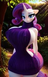 ai_generated big_breasts forest_background hourglass_figure looking_at_viewer my_little_pony rarity_(mlp) slim_waist virgin_killer_sweater wide_hips