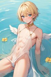 ai_generated angel angel_boy angel_wings blonde_hair blonde_male cute dress femboy femboysub innocent lake male sheer_clothing sheer_dress small smooth soft swimming twink virgin water wet wet_body wet_clothes wet_clothing wet_skin white_dress