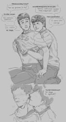 black_and_white blush comic groping groping_from_behind hand_on_throat hwang_in-ho male/male massage russian_text seong_gi-hun shirt_lift shirt_up sitting_on_lap squid_game sweatdrop text text_bubble whispering_into_ear yaoi