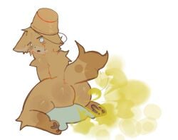 anthro ass bucket_hat catte_(kaiju_paradise) fart farting feline irougaki kaiju_paradise orange_body orange_fur shocked sitting_on_pillow solo tail