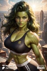 abs ai_generated big_breasts breasts female_only green_eyes green_hair green_skin huge_breasts jennifer_walters large_breasts marvel marvel_comics muscular muscular_female naughty_neurals she-hulk solo_female thick_thighs wide_hips