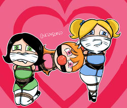 3girls ball_gag black_hair blonde_hair blossom_(powerpuff_girls) bondage bubbles_(powerpuff_girls) buttercup_(powerpuff_girls) female_only gag high_heels multiple_girls oncensored orange_hair powerpuff_girls rope_bondage sugar tears