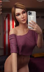 1girls 3d 3d_(artwork) bottomless brown_hair crop_top darkbahamuth life_is_strange rachel_amber selfie solo