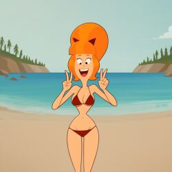 ai_generated beach bikini civitai d3rmal eyes happy miss_betty normal_breasts orange_hair red_bikini rock tagme the_daltons tree visible_pussy water