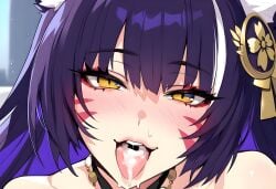 1girls after_fellatio ai_generated azur_lane big_breasts breasts cum cum_in_mouth female female_focus fox_ears huge_breasts huge_cock kitsune large_breasts mature_female milf musashi_(azur_lane) open_mouth penis purple_hair thick_thighs thighs yellow_eyes