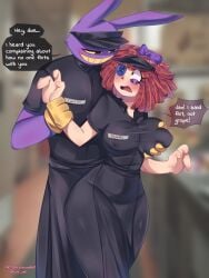 1boy 1girls anthro big_breasts black_apron black_pants black_shirt blurry_background blush blushing_female bowtie_on_head button_eye clothed clothing doll embarrassed_female fast_food_employee fast_food_uniform female flirting flirting_look glitch_productions gooseworx groping_breasts groping_from_behind groping_through_clothes helenwoodsr jax_(the_amazing_digital_circus) kitchen male male/female name_tag nipple_bulge nipples_visible_through_clothing purple_body purple_fur rabbit rabbit_ears ragatha_(the_amazing_digital_circus) red_hair text text_bubble the_amazing_digital_circus wide_hips yellow_gloves