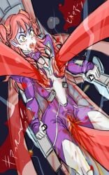 blood blood_splatter bodysuit corpse dead gore groin_attack gundam_00 guro monster_rape nena_trinity open_mouth peeing peeing_self red_hair ryona shocked shocked_expression shocked_eyes shocked_face stabbing tentacle tentacle_rape torn_clothing urination wound wounded yellow_eyes