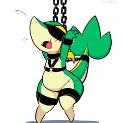 1:1 ai_generated anthro blindfold blush bondage bondage bound chains cuff_(restraint) female generation_5_pokemon green_body harness hellsonger hi_res nintendo open_mouth pokemon pokemon_(species) reptile restraints scalie shackles simple_background slightly_chubby snivy solo submissive white_background