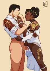 1boy 1girls arcane cum cum_in_pussy cum_inside dark-skinned_female dark_skin dress_lift hornyjaillifer interracial jayce_talis league_of_legends mel_medarda sex standing standing_sex vaginal_penetration