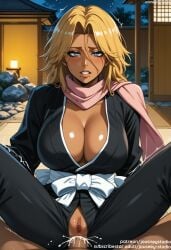 1boy ai_generated anal bangs black_pants bleach bleach:_the_thousand-year_blood_war blonde_hair blue_eyes blush breasts cleavage clenched_teeth clothed_sex clothing cowgirl_position cowgirl_position dark_skin female female huge_breasts indoors jousneystudio kimono large_breasts light-skinned_female lips long_hair looking_at_viewer male matsumoto_rangiku mole mole_under_mouth nakadashi night night_sky on_top open_mouth outdoors pants parted_bangs penis pink_scarf pov robe rock sash scarf semen sex shiny sitting sky sliding_doors smile solo_focus spread_legs straddling straight sweat teeth thighs traditional_clothes trembling uncensored vagina vaginal_penetration wafuku white_sash