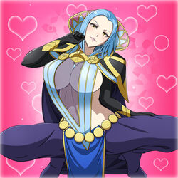 1girls arete_(fire_emblem) blue_hair blush breasts cape covering covering_nipples elbow_gloves female fire_emblem fire_emblem_fates gloves heart highres huge_breasts legs looking_at_viewer milf nintendo parted_lips pink_background see-through short_hair sideboob simple_background smile solo solo_female source_request squatting thighs yellow_eyes yuki_(12cut)