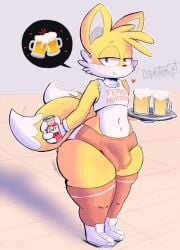 alcohol anthro beer beverage bulge canid canine clothing digital_media_(artwork) disastercat duff_beer femboy_hooters fox gloves handwear hi_res hooters hooters_uniform looking_at_viewer male male_only mammal miles_prower miles_tails_prower multi_tail sega shirt simple_background smile solo sonic_(series) sonic_the_hedgehog_(series) tail tails tails_the_fox text text_on_clothing text_on_shirt text_on_topwear thick_thighs topwear wide_hips