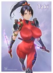 abs arm_guards armor black_hair bodysuit breasts covered_erect_nipples covered_navel dual_wielding female fingerless_gloves gloves highres holding holding_sword holding_weapon kodachi large_breasts long_hair ninja ponytail red_bodysuit short_sword shoulder_armor skin_tight sleeveless sleeveless_bodysuit solo soul_calibur soulcalibur soulcalibur_ii sword taki taki_(soulcalibur) tomo_eokaiteru weapon