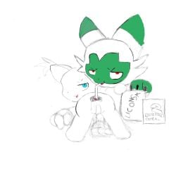 anthro anus bandai_namco cereal cereal_box digimon digimon_(species) female female/female floragato food food_fetish gatomon generation_9_pokemon hi_res nintendo pokemon pokemon_(species) unknown_artist