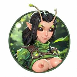 ai_generated antennae black_eyes black_hair black_sclera breasts female mantis_(marvel_rivals) medium_hair nipples pointy_ears solo