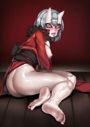 ass barefoot blush demon_girl demon_slayer facial_markings feet female female_only horns jdoll kimetsu_no_yaiba kimono mukago no_panties obi open_kimono red_background red_sclera redchicken shiny_skin silver_eyes silver_hair sitting soles solo toes