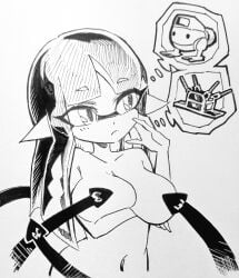 big_breasts black_and_white black_hair convenient_censoring convenient_censorship dokudami-sama_(vaz_999) inkling inkling_girl nipples_covered pampam splatoon tentacle_hair thinking