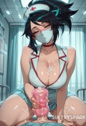 1boy ai_generated akali artificial_vagina artist_name black_hair blush breasts choker cleavage cowgirl_position cum cum_on_body cum_on_breasts dress female futarush green_eyes handjob hat indoors large_breasts league_of_legends looking_at_viewer mask mouth_mask nurse nurse_akali nurse_cap patreon patreon_username penis pov riot_games sex_toy solo_focus straight sultryspark surgical_mask thighs uncensored