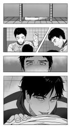 bathroom_sex bathroom_stall black_and_white blush comic crying groping hwang_in-ho licking licking_nipples looking_at_partner looking_at_viewer male/male seong_gi-hun shirt_lift shirt_up short_hair squid_game tears yaoi