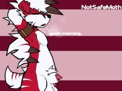 4:3 anthro bracelet canid canine english_text fur generation_7_pokemon genitals giovanni_(yasterwolly) hi_res jewelry knot knotted_penis lycanroc male mammal midnight_lycanroc nintendo penis pokemon pokemon_(species) red_body red_fur red_stripes sigh simple_background solo stretching stripes text white_body white_fur white_stripes yasterwolly